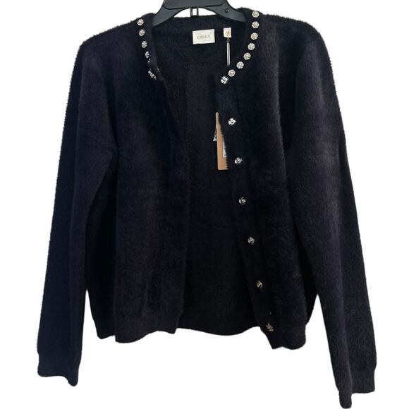 Cyrus Navy Fuzzy Embellished Rhinestone Button Cardigan Sweater Medium NWT - Picture 3 of 6